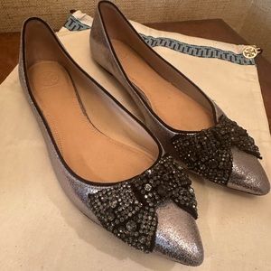 Tory Burch Silver flats with Jeweled Bow. Size 9.5. Barely used.
